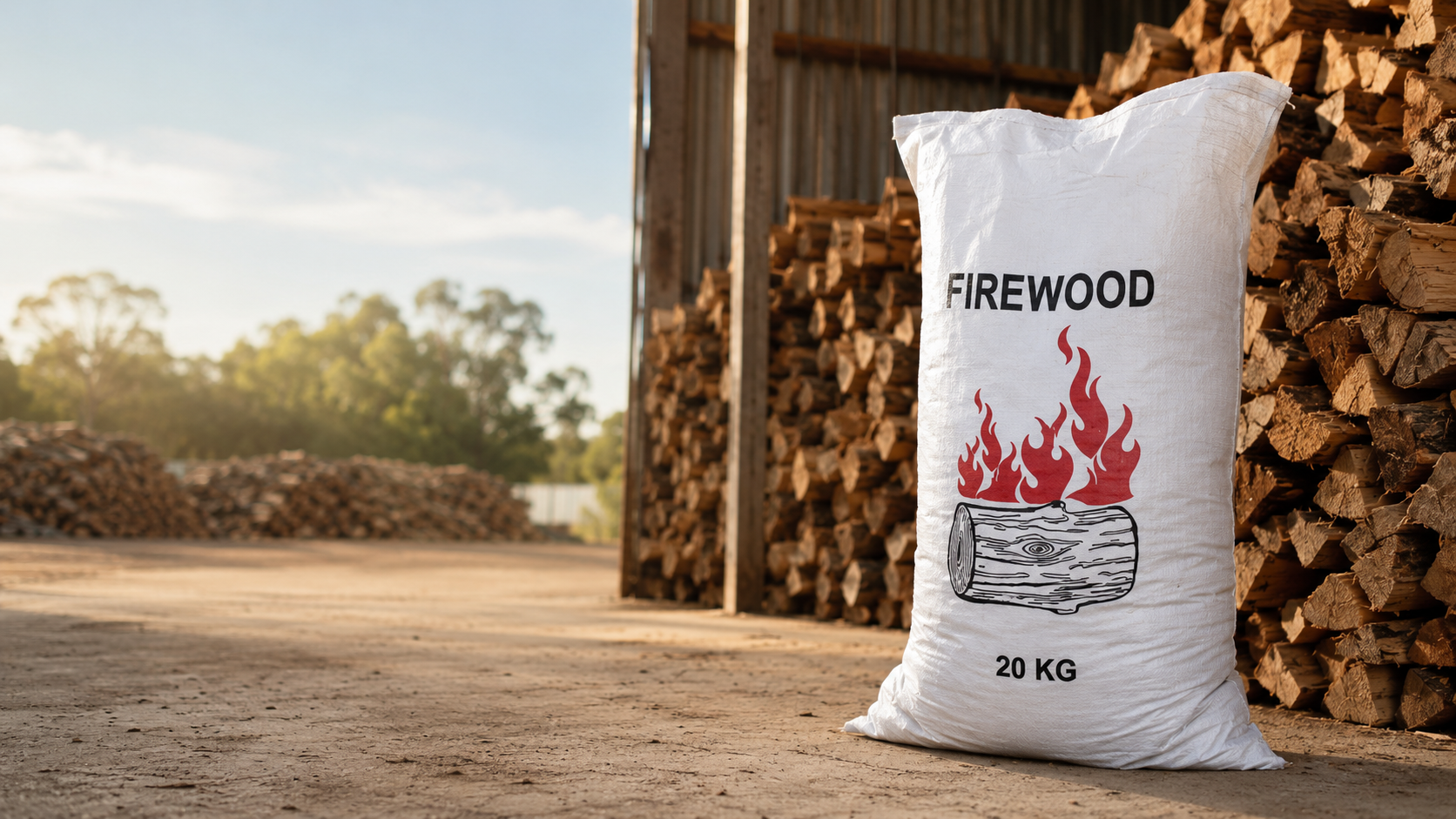 Front view of a Printed Firewood Bag, 56x91cm, with woven polypropylene material and reinforced stitching
