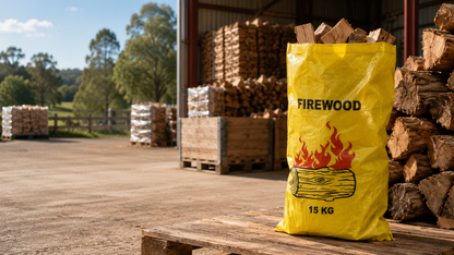 Yellow printed firewood bag with gusset, front view, double-stitched seams