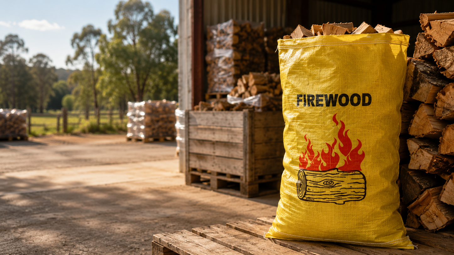 Yellow woven polypropylene firewood bag, front view, with printed design