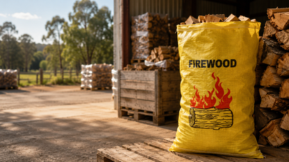 Yellow woven polypropylene firewood bag, front view, with printed design