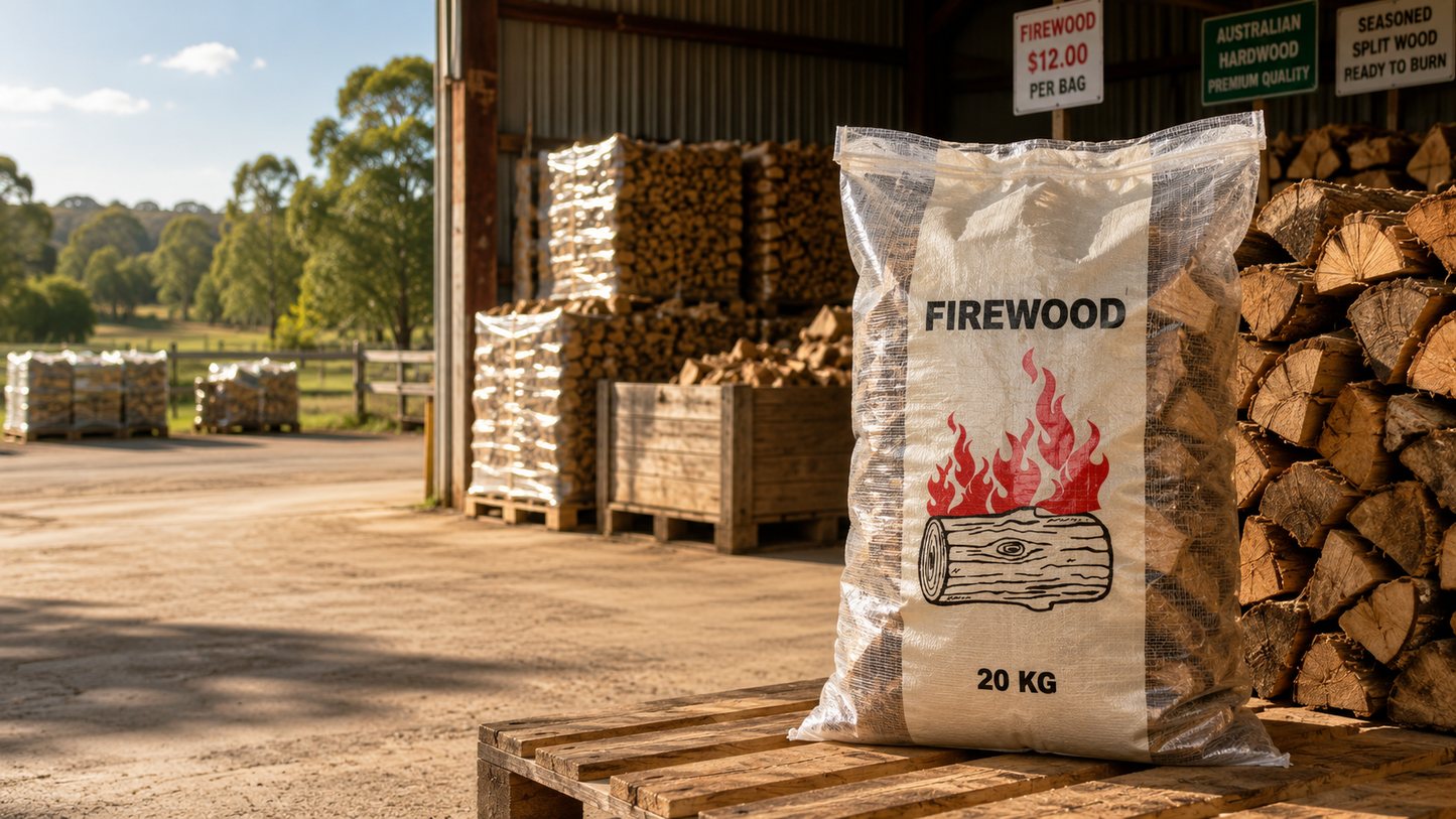 Woven polypropylene firewood bag with transparent sides, front view, folded and styled on a surface