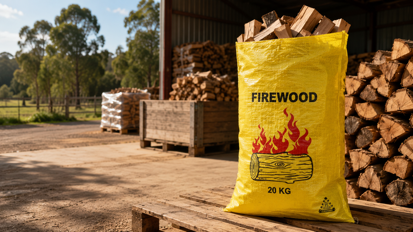 Front view of a yellow 20KG printed firewood bag, UV stabilised woven polypropylene sack
