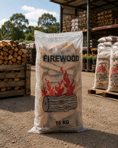 Filled woven polypropylene firewood bag with printed design and transparent material, shown from a straight angle with firewood inside