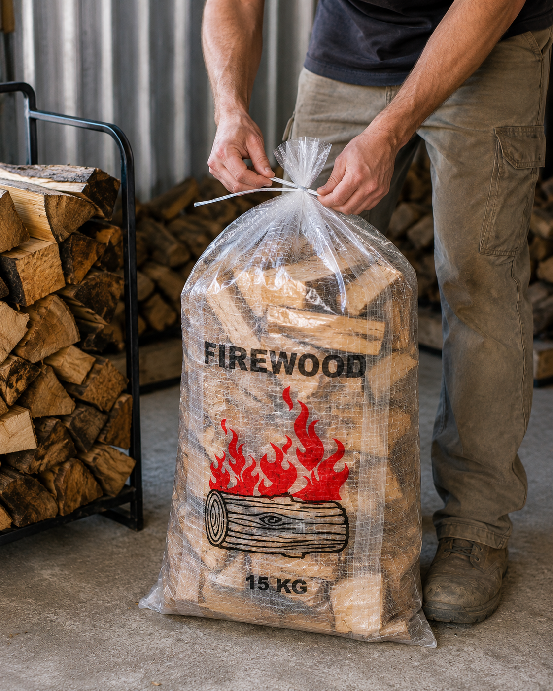 Transparent firewood bag filled, front view with tie-ups and printed design