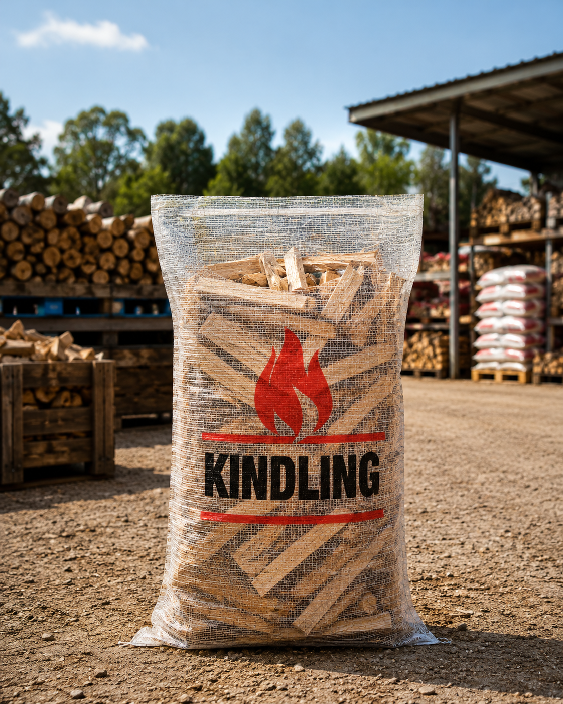 Transparent kindling bag filled with firewood, front view, pre-printed design