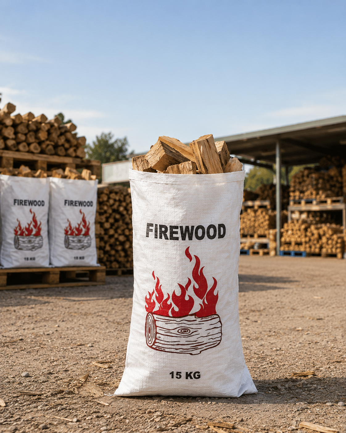 Filled woven polypropylene firewood bag, front view, with firewood inside