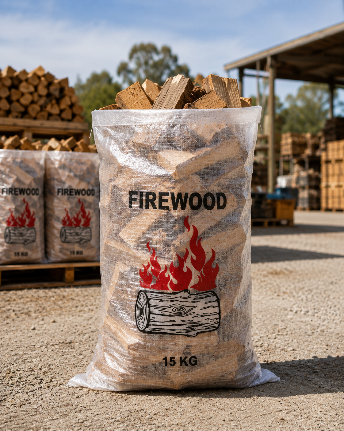 Transparent firewood bag filled with wood, front view, pre-printed logo visible