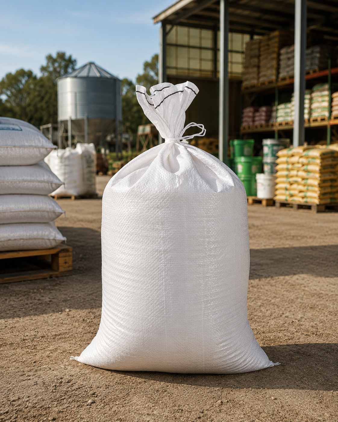 Woven polypropylene bag, filled, with open top and double-stitched base