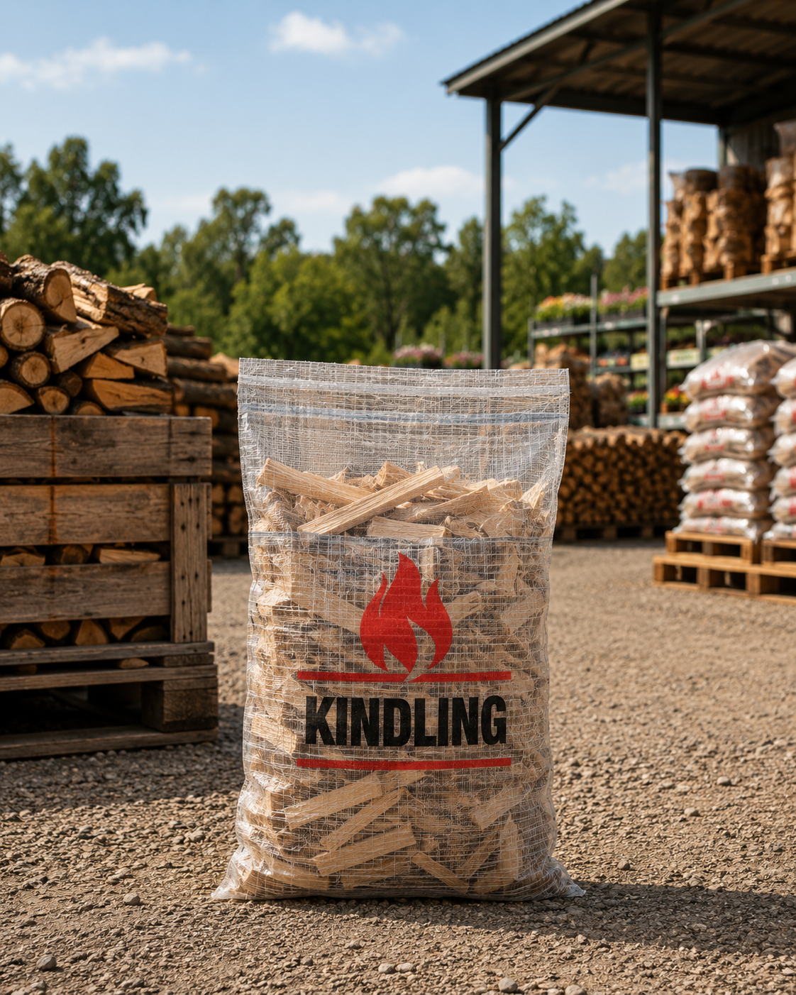 Transparent kindling bag filled with firewood, front view, woven polypropylene material visible