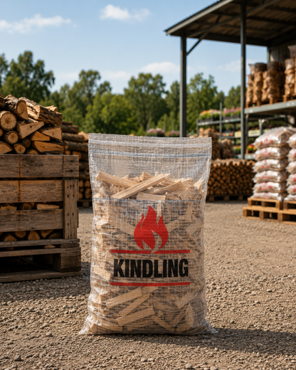 Transparent kindling bag filled with firewood, front view, woven polypropylene material visible