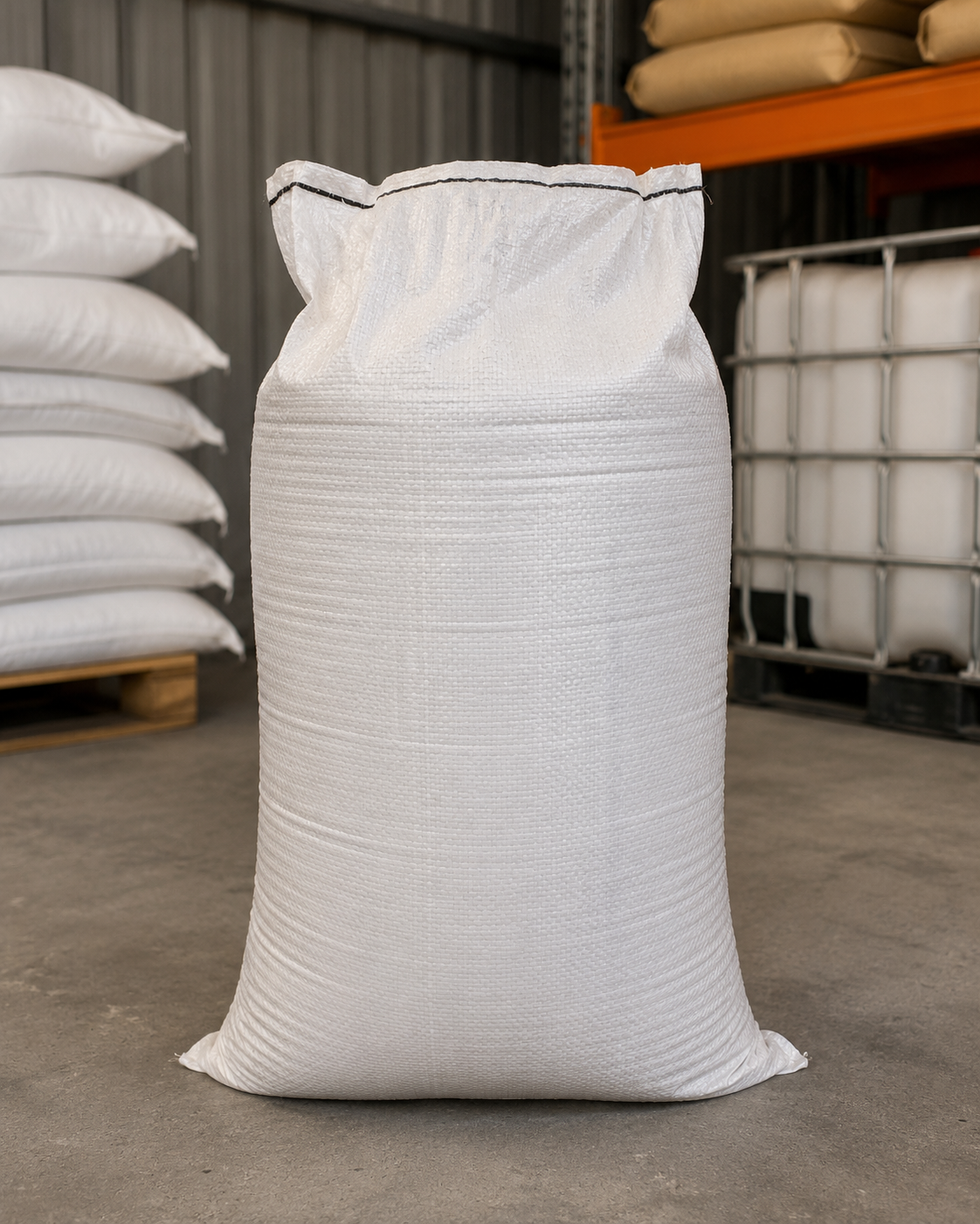Woven Polypropylene bag, filled, with open top and stitched bottom, on white background