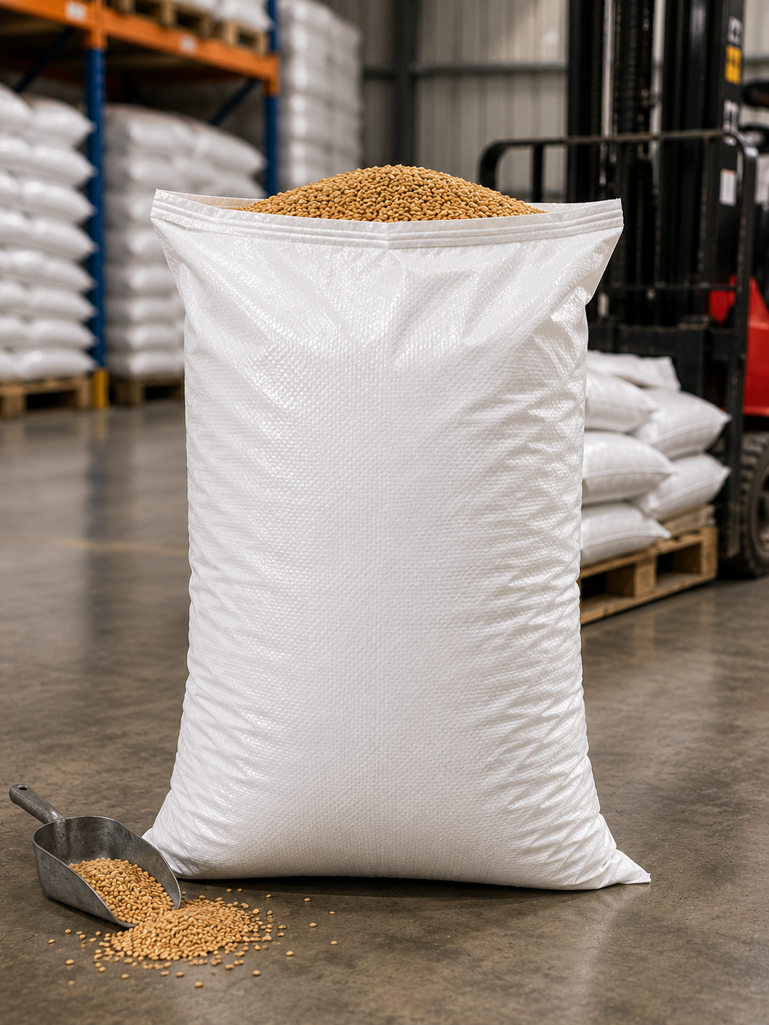 Woven polypropylene feed bag, filled, with 10cm gusset, front view
