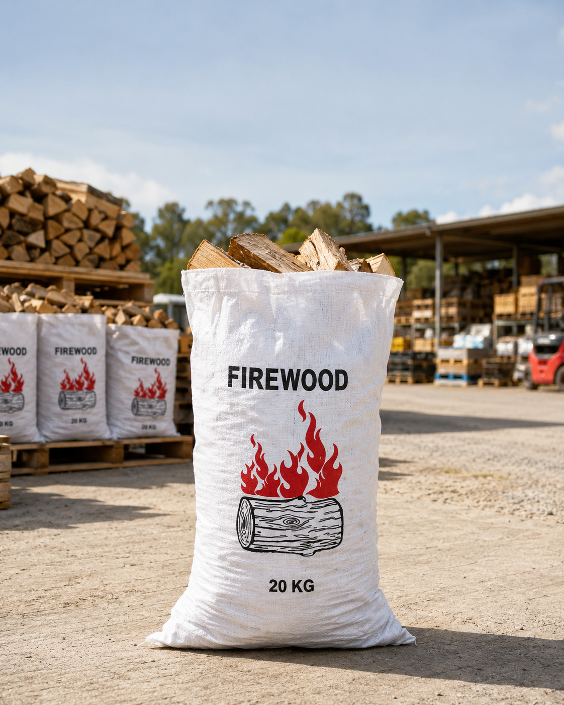 Filled woven polypropylene firewood bag, front view, with firewood inside
