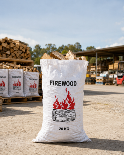 Filled woven polypropylene firewood bag, front view, with firewood inside