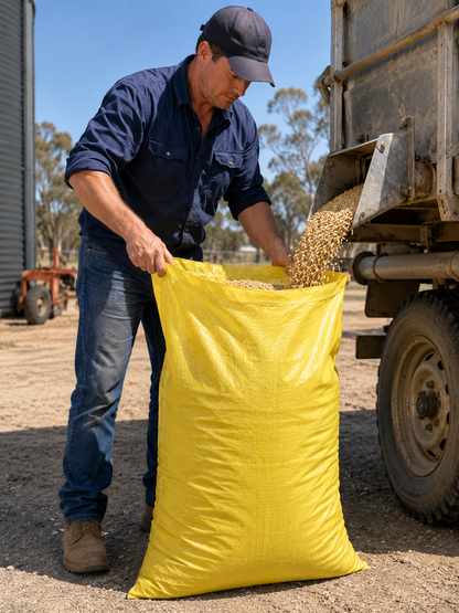 Yellow gusseted feed bag filled, side view, with visible stitching and gusset fold