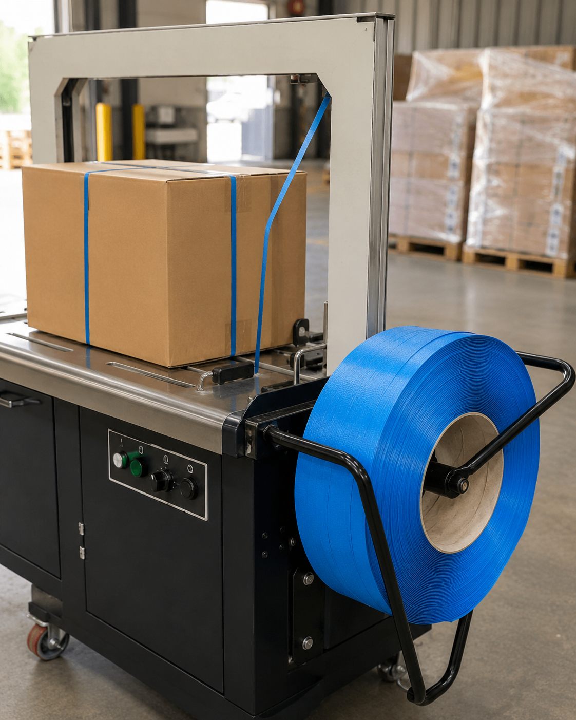 Blue polypropylene machine strapping on a roll, shown from the side