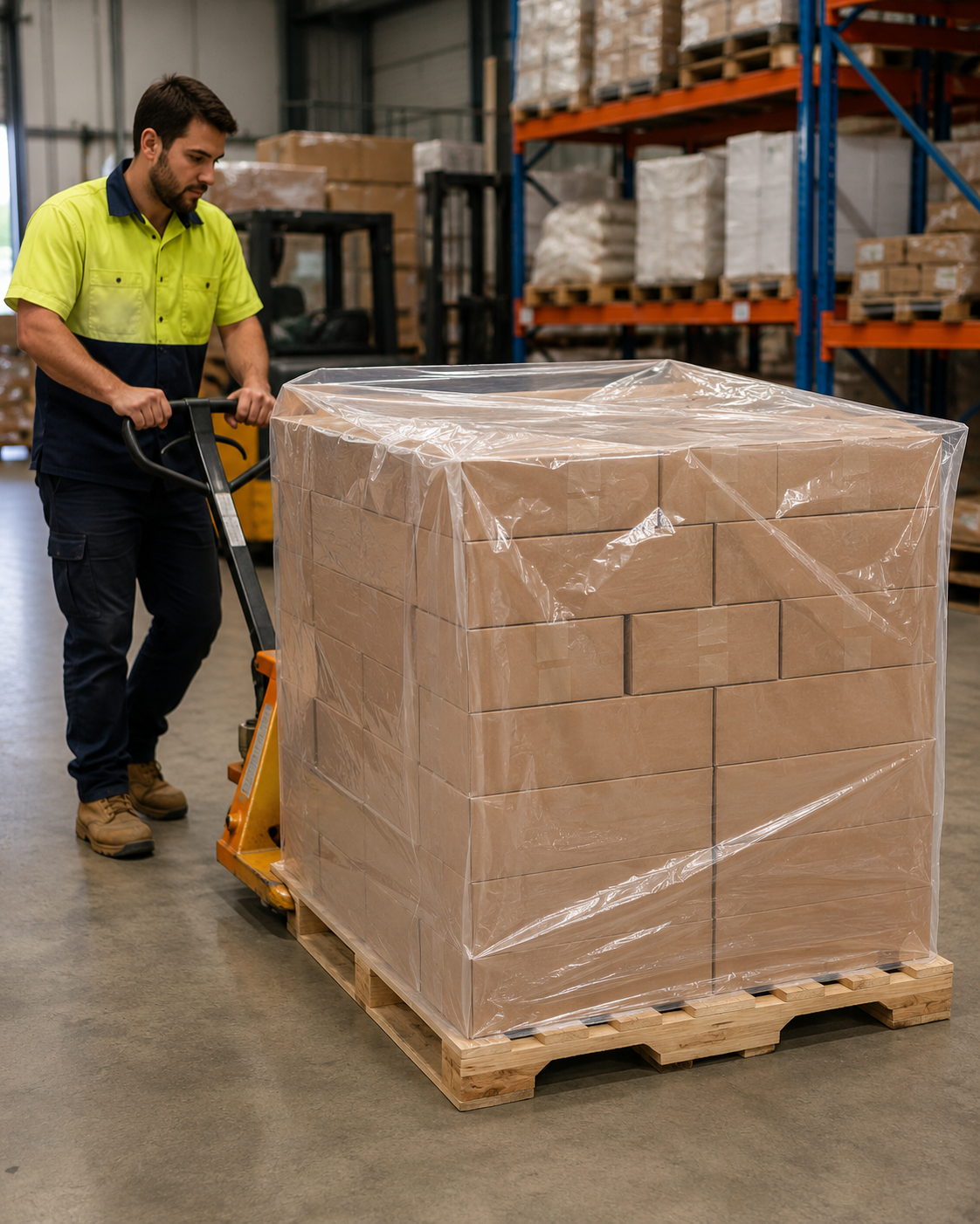 Clear LDPE pallet bag wrapped around pallet, front view
