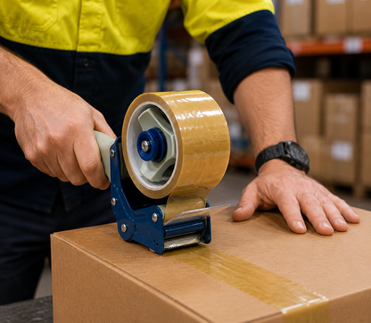 Hybrid Adhesive Strong Bond packaging tape, yellowish, on a roll, front view