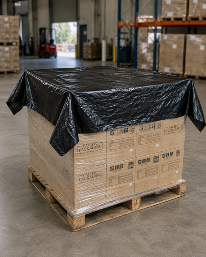 Black HDPE Pallet Cap on pallet, top view, wrapped and secured