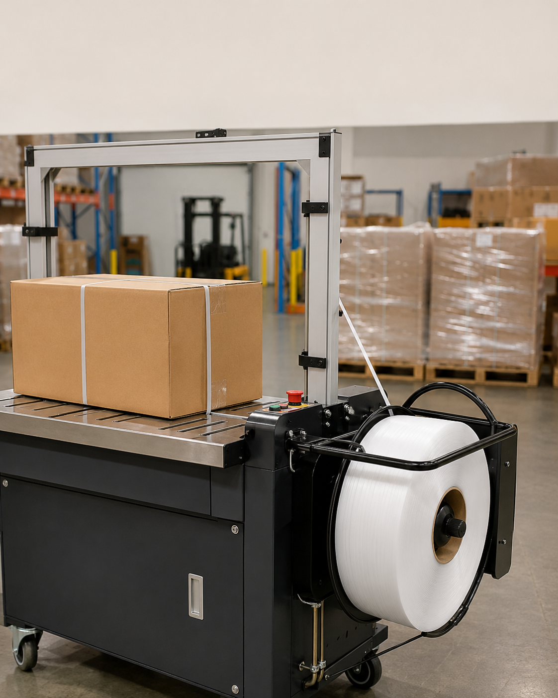 Clear polypropylene strapping on a machine, coiled and ready for use