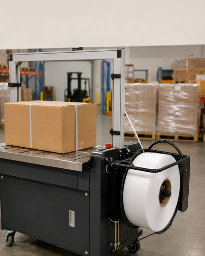 Clear polypropylene strapping on a machine, coiled and ready for use