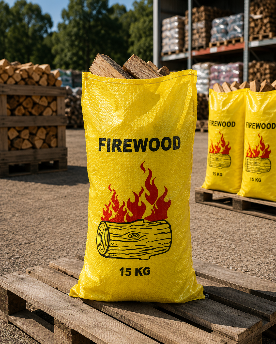 Yellow printed firewood bag filled, front view, with gusset and double-stitched seams visible