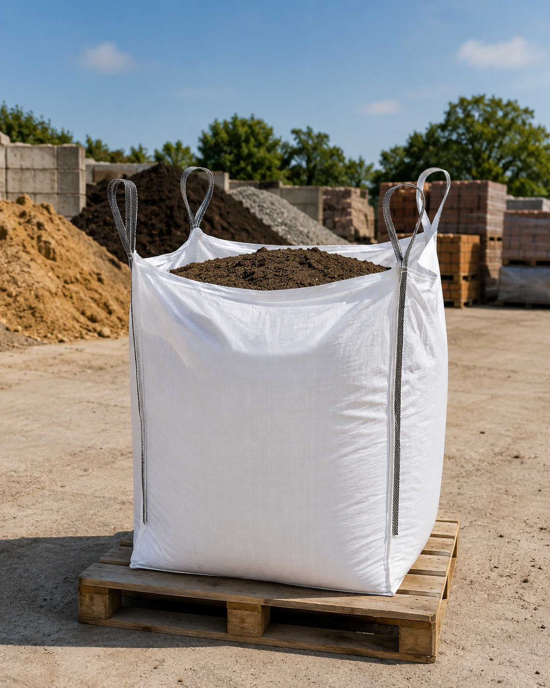 Filled U Panel bulk bag, open top, closed bottom, with construction materials inside