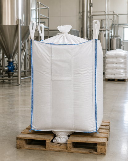 Laminated bulk bag with spout top and bottom, filled, from a frontal view