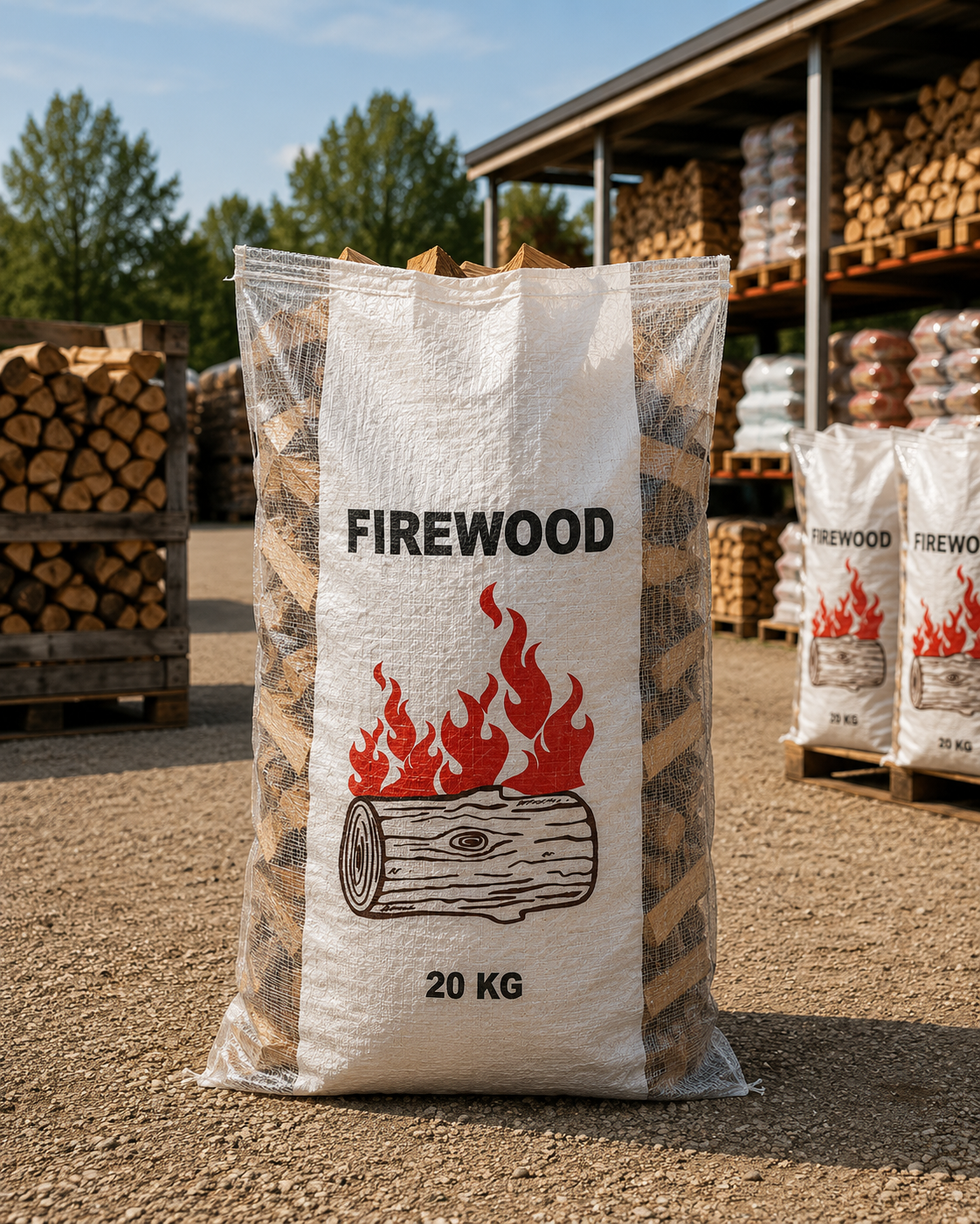Woven polypropylene firewood bag with transparent sides, filled and laid flat, showing breathable material and clear panels.