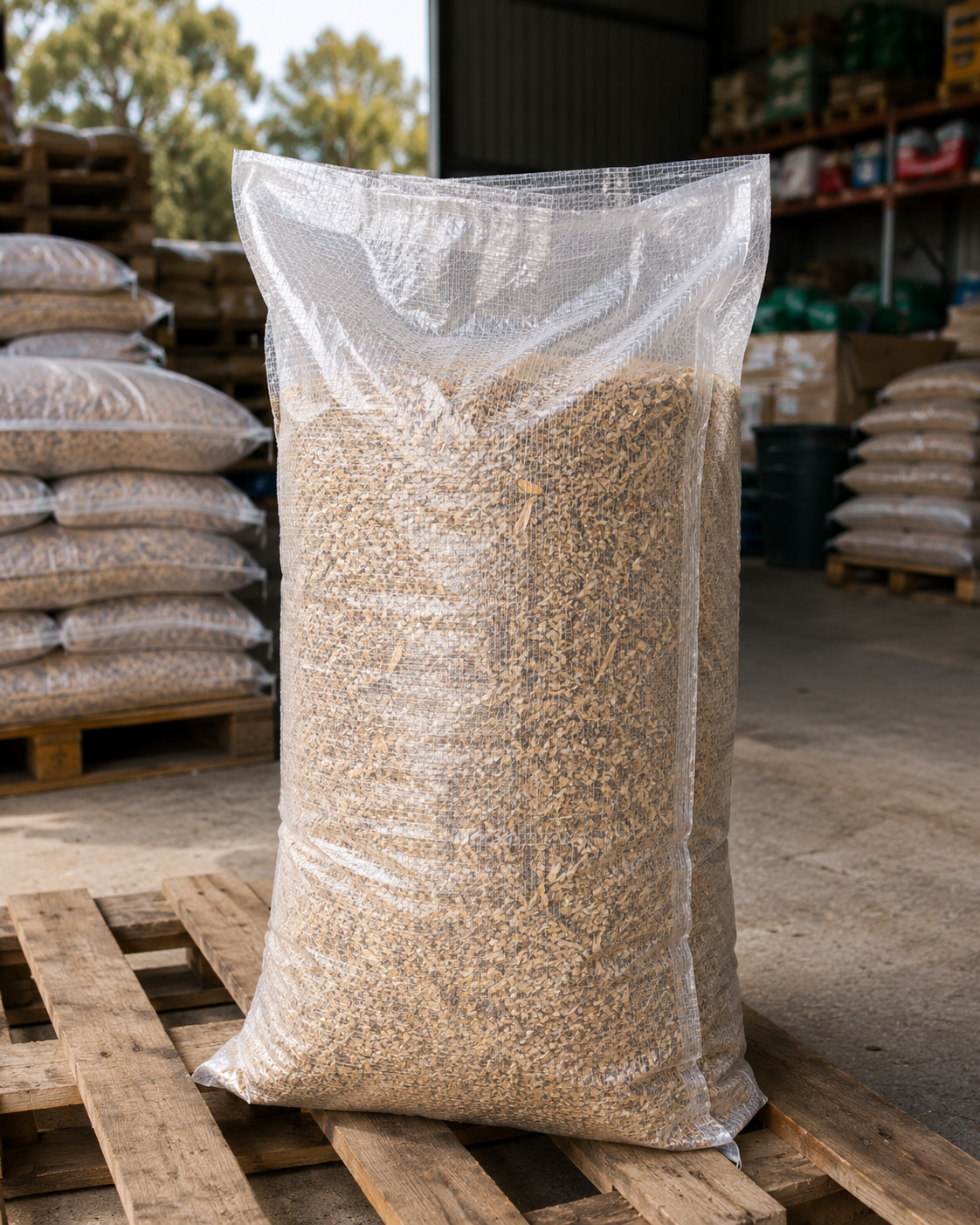 Transparent gusseted feed bag filled, showing woven polypropylene material and UV treated seams