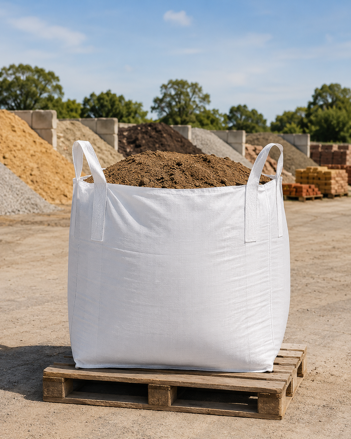 Filled FIBC bulk bag with open top and closed bottom, showing cross-corner lifting loops