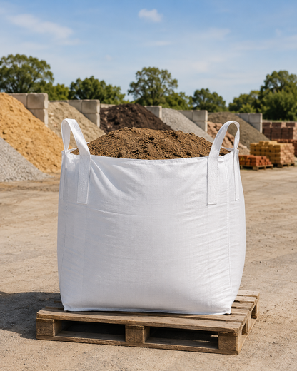 Filled FIBC bulk bag with open top and closed bottom, showing cross-corner lifting loops