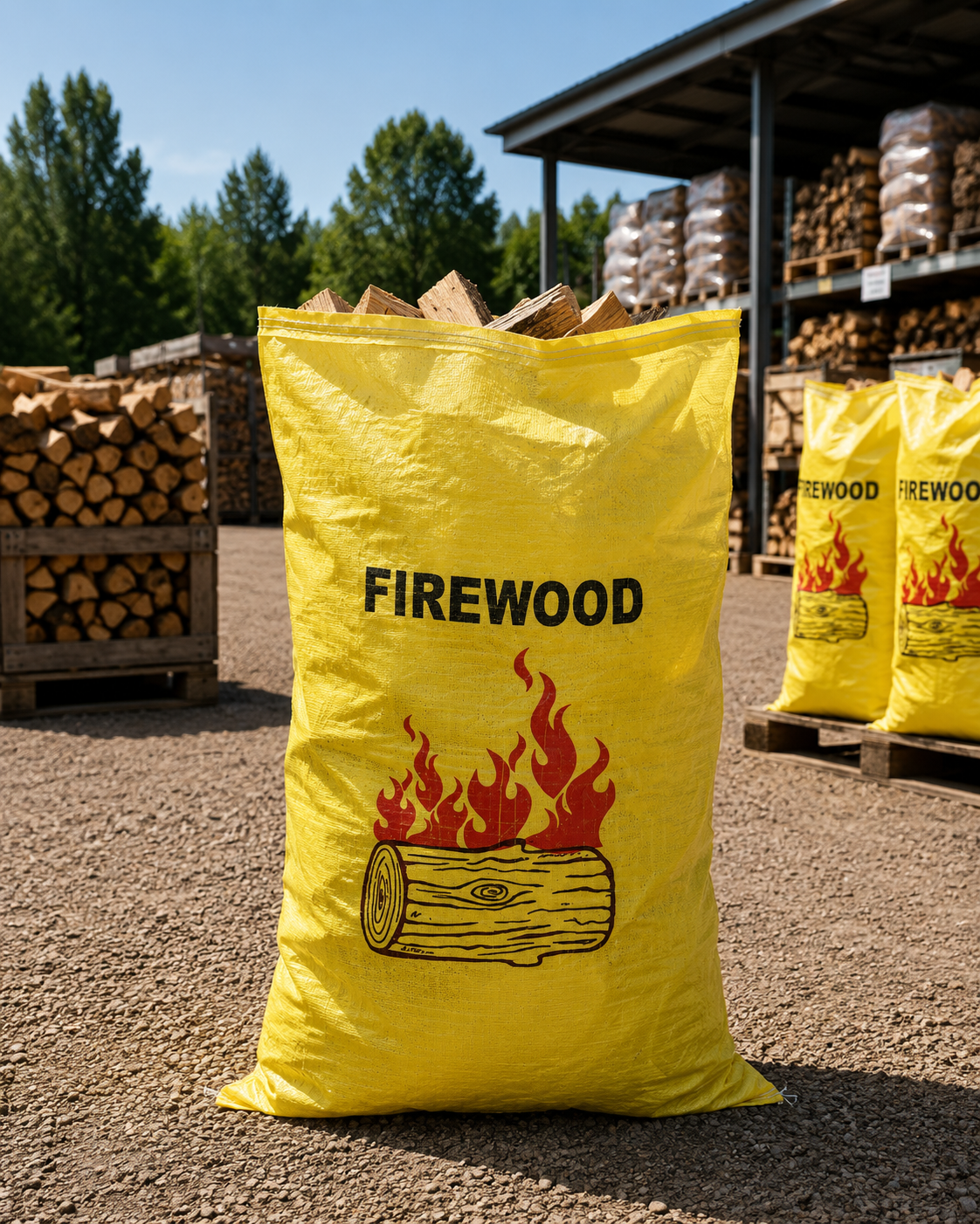 Yellow woven polypropylene firewood bag filled, front view, with printed design