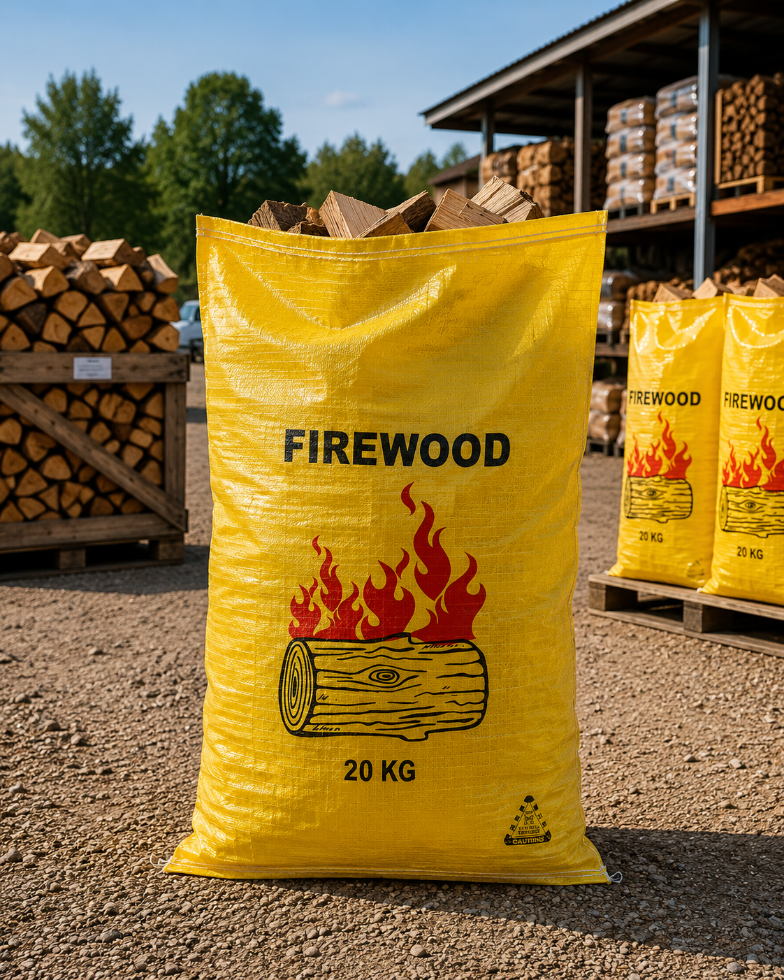 Yellow firewood bag filled, front view, with printed 20KG label