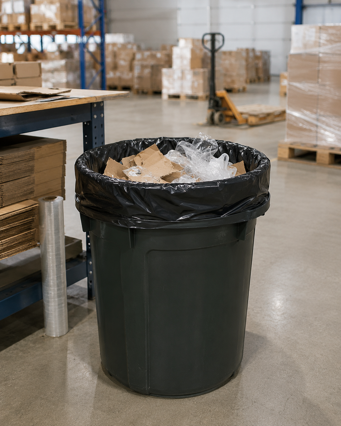 Heavy-duty black bin liner filled, front view, with visible seams and edges