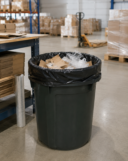Heavy-duty black bin liner filled, front view, with visible seams and edges