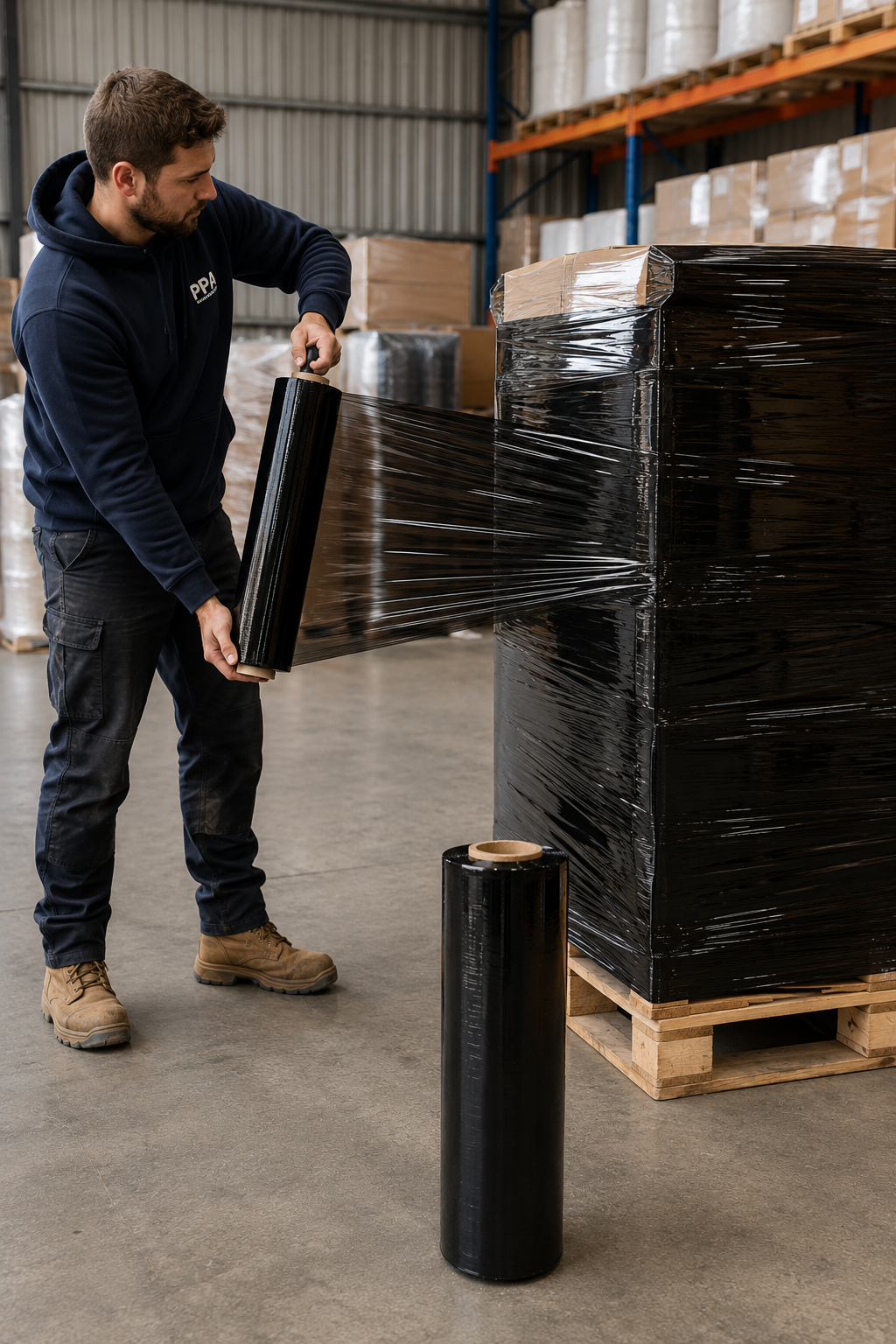 Black LDPE hand pallet wrap roll with 500mm width and 400m length, shown in use on a pallet