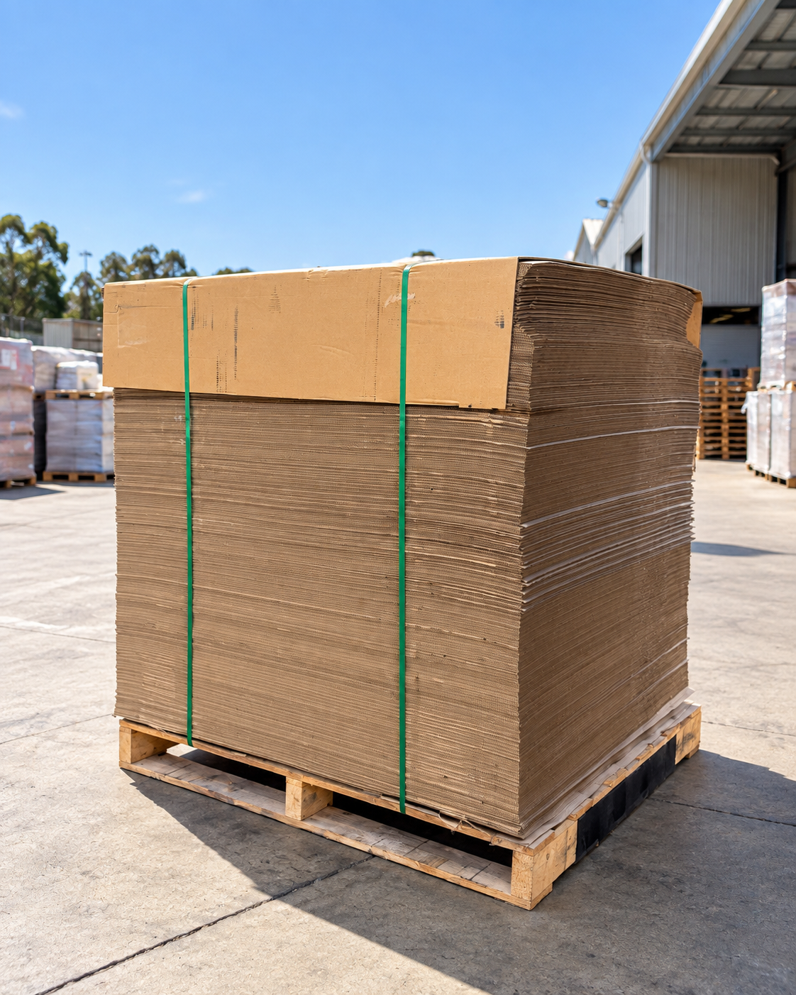 Stack of flat corrugated pallet pads banded with green strapping on a timber pallet, outdoor warehouse yard