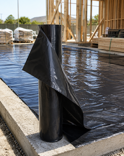 Black builders film roll on pallet, wrapped around construction materials
