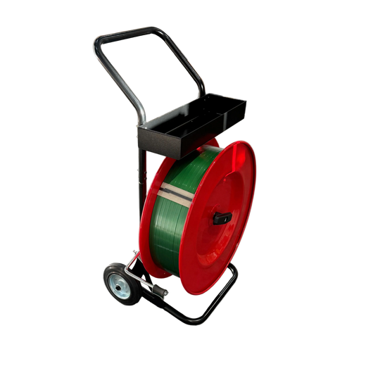 PET Strapping Dispenser for 406mm core rolls, front view with red body
