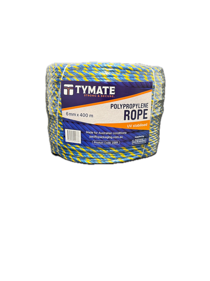 TYMATE Telstra Rope – 6mm x 400m Blue/Yellow Polypropylene Danline Rope, 3 Strand Coil