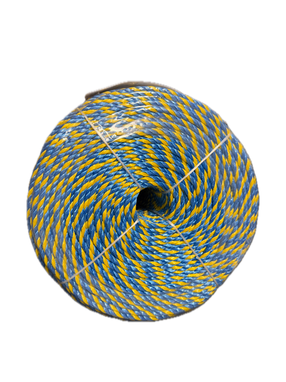 TYMATE Telstra Rope – 6mm x 400m Blue/Yellow Polypropylene Danline Rope, 3 Strand Coil