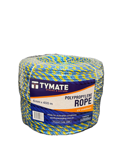 TYMATE Telstra Rope – 6mm x 400m Blue/Yellow Polypropylene Danline Rope, 3 Strand Coil