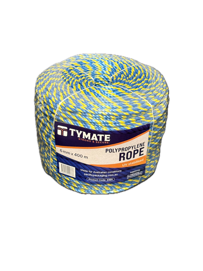 TYMATE Telstra Rope – 6mm x 400m Blue/Yellow Polypropylene Danline Rope, 3 Strand Coil