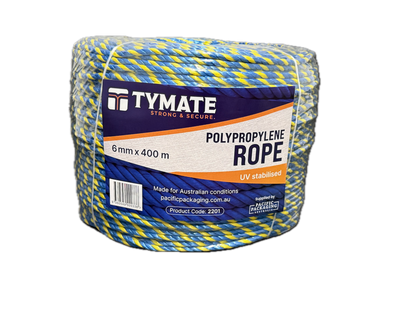 TYMATE Telstra Rope – 6mm x 400m Blue/Yellow Polypropylene Danline Rope, 3 Strand Coil