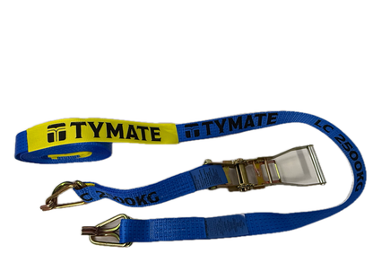 Blue 9m ratchet strap with TYMATE logo and LC 2500kg marking on webbing