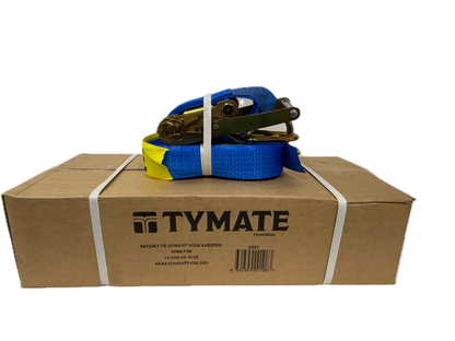 Blue 50mm ratchet strap LC 2500kg securing cardboard box, aluminium handle, hook and keeper ends
