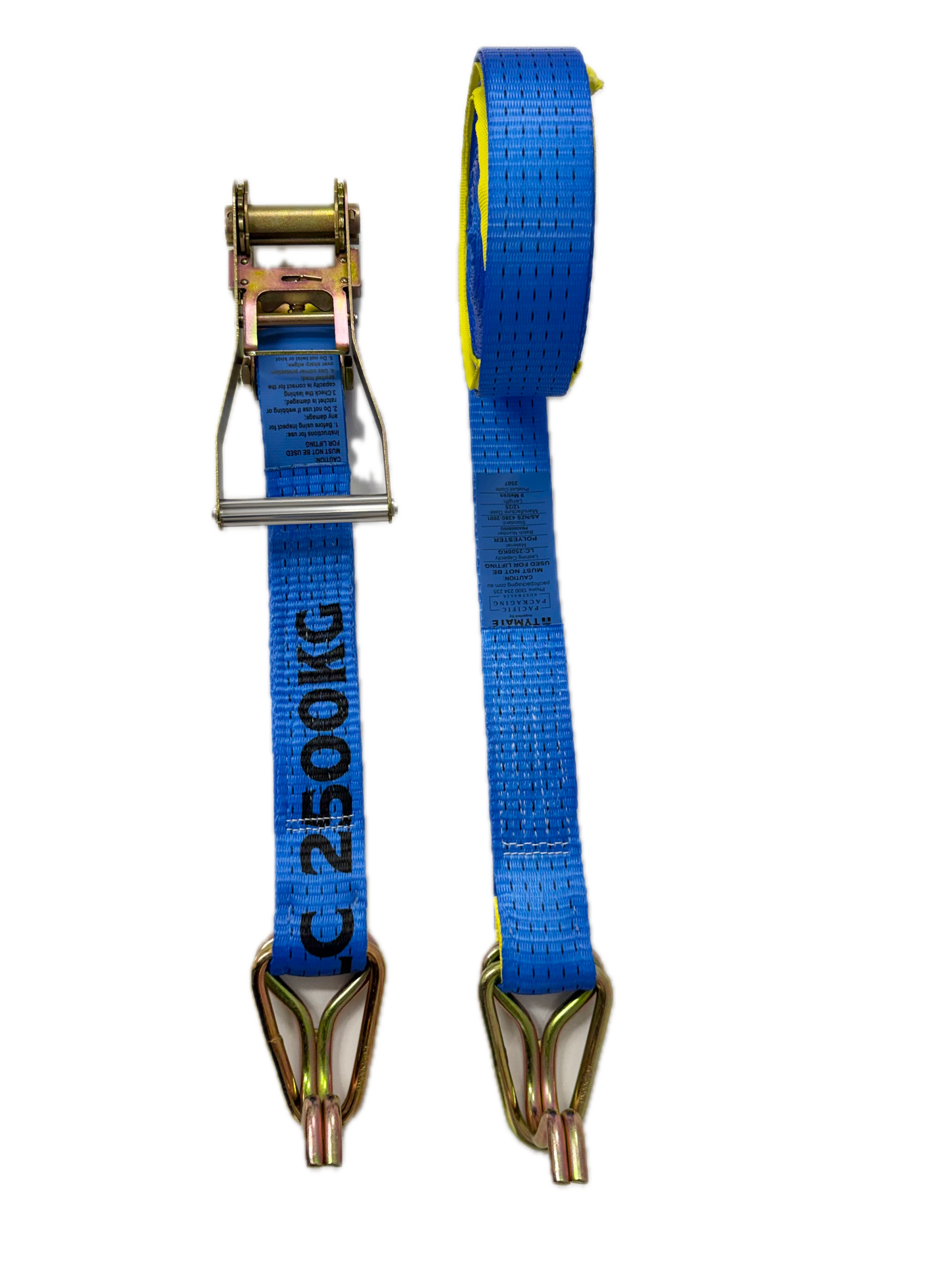 TYMATE 9m x 50mm ratchet tie down LC 2500kg blue strap with aluminium handle and hook & keeper fittings