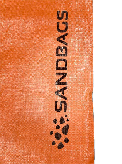 Orange woven polypropylene sandbag with tie, back view