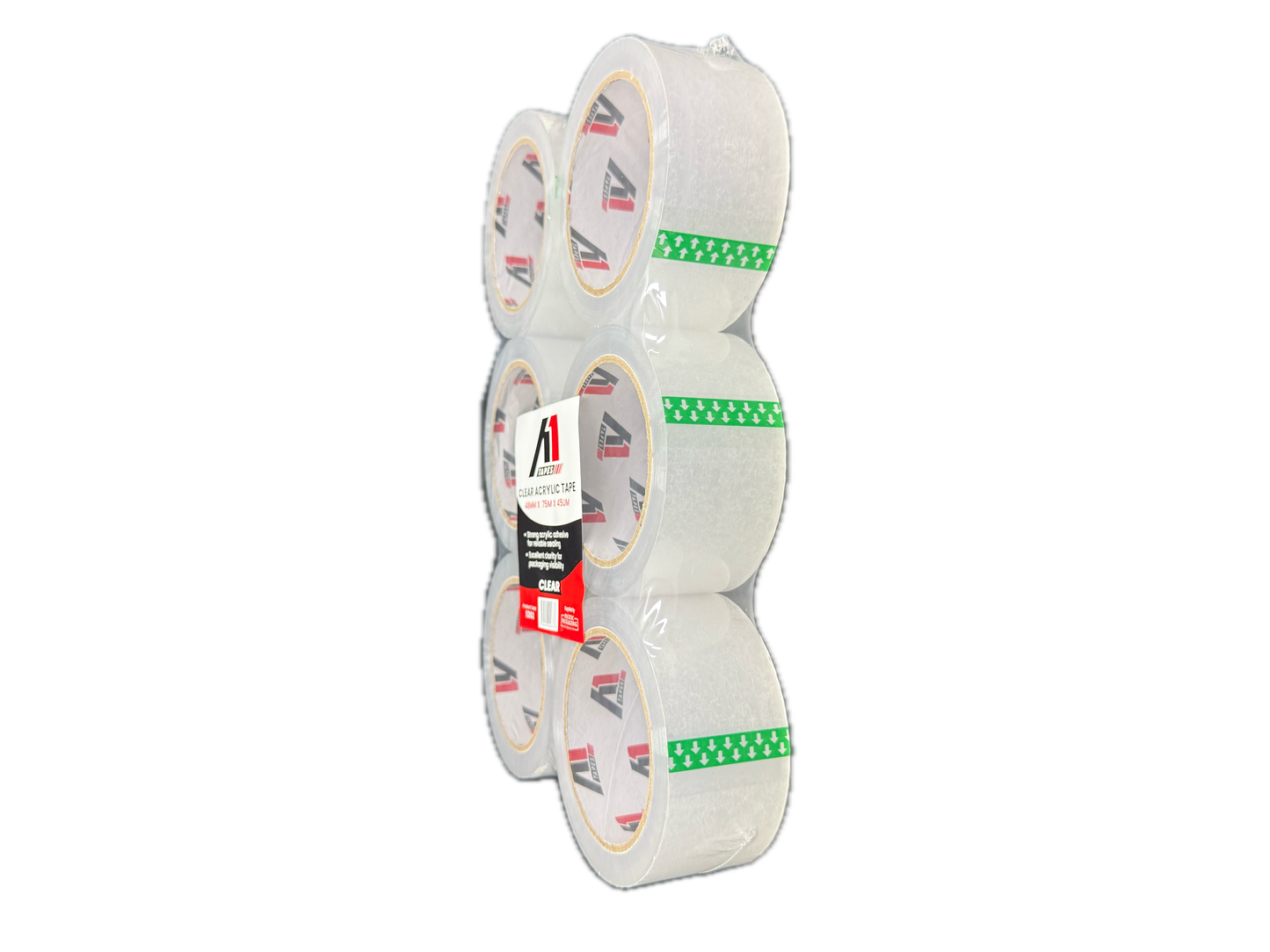 Three rolls of A1 Tapes clear acrylic packaging tape 48mm x 75m x 45UM on white background